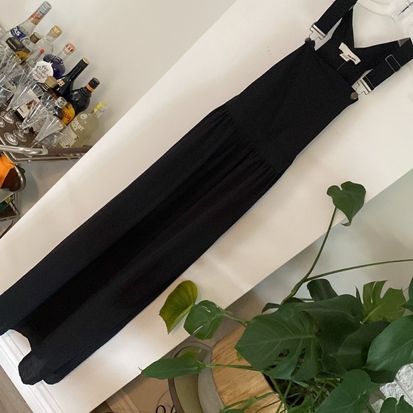 NWT SANS SOUCI black crepe sheer drape dress  overall outfit romper jumpsuit new - Picture 2 of 8